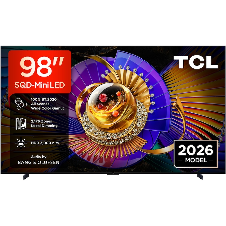 Televizor TCL SQD-MiniLed 98C7L, 248 cm, Smart Google TV, 4K Ultra HD, 144Hz, Sunet Bang & Olufsen, Clasa D (Model 2026)
