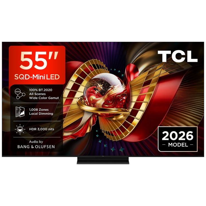 Televizor TCL SQD-MiniLed 55C8L, 139 cm, Smart Google TV, 4K Ultra HD, 144Hz, Sunet Bang & Olufsen, Clasa E (Model 2026)