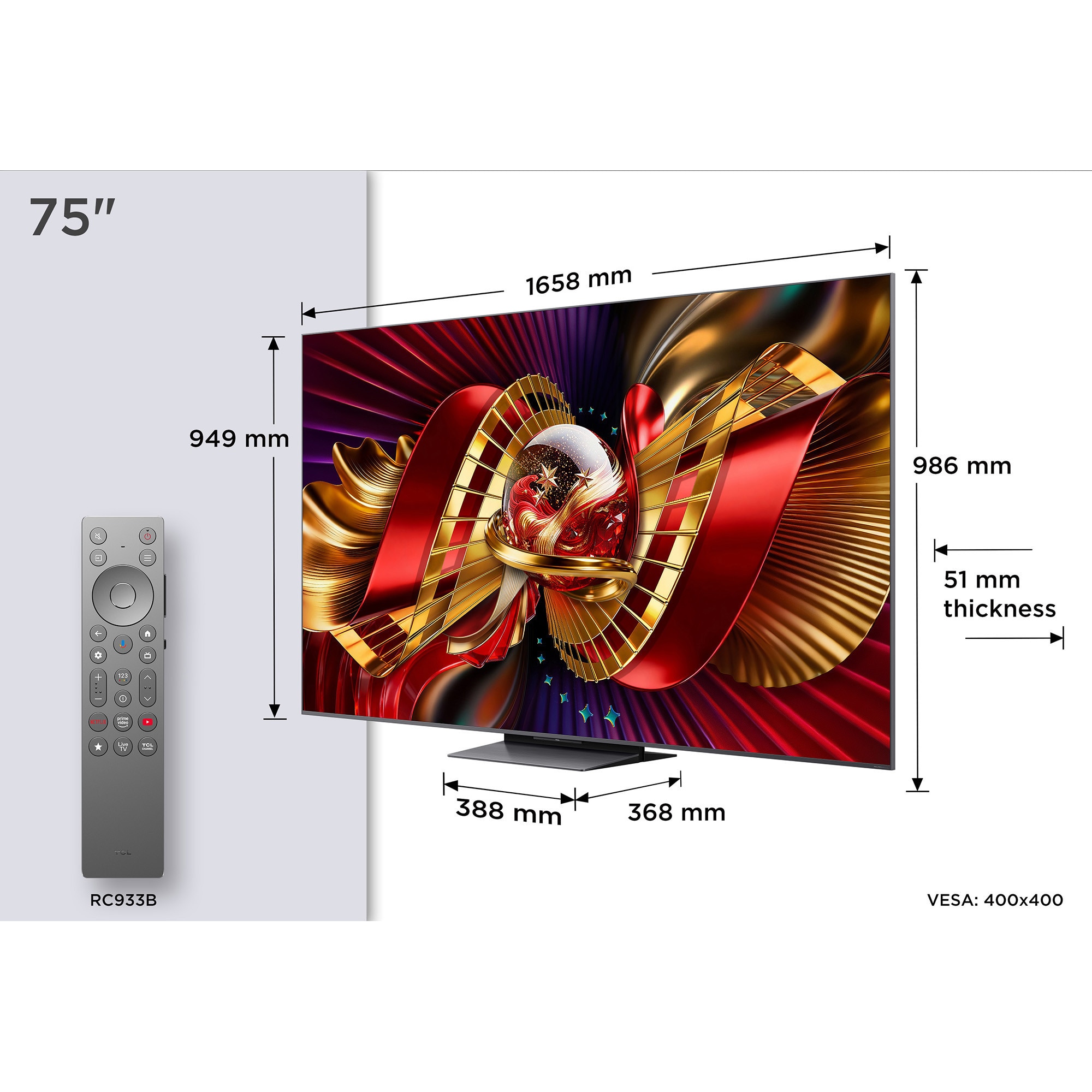 Televizor TCL SQD-MiniLed 75C8L, 189 cm, Smart Google TV, 4K Ultra HD, 144Hz, Sunet Bang & Olufsen, Clasa D (Model 2026)