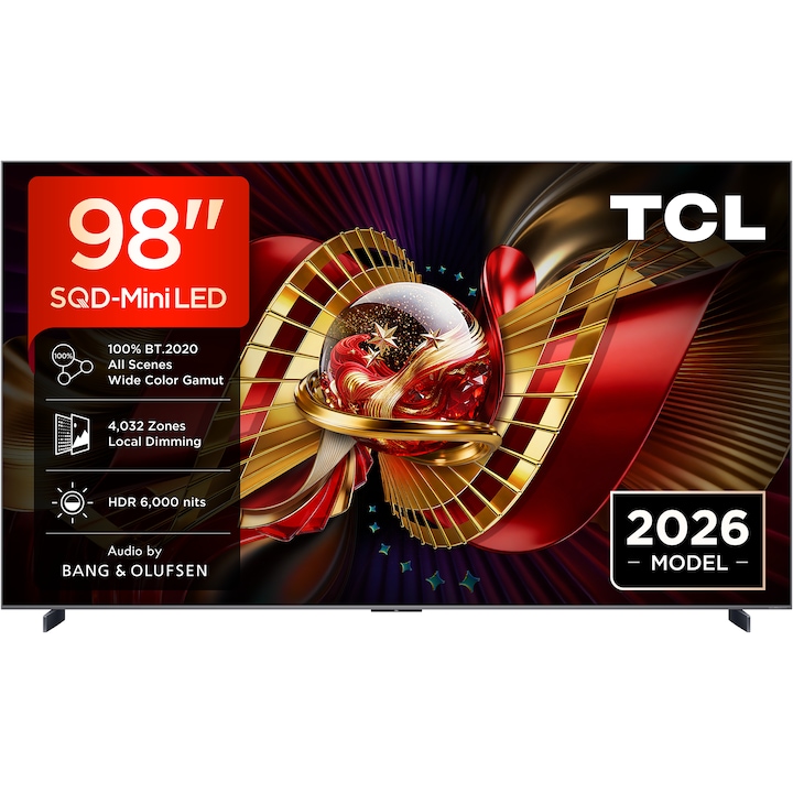 Televizor TCL SQD-MiniLed 98C8L, 248 cm, Smart Google TV, 4K Ultra HD, 144Hz, Sunet Bang & Olufsen, Clasa D (Model 2026)