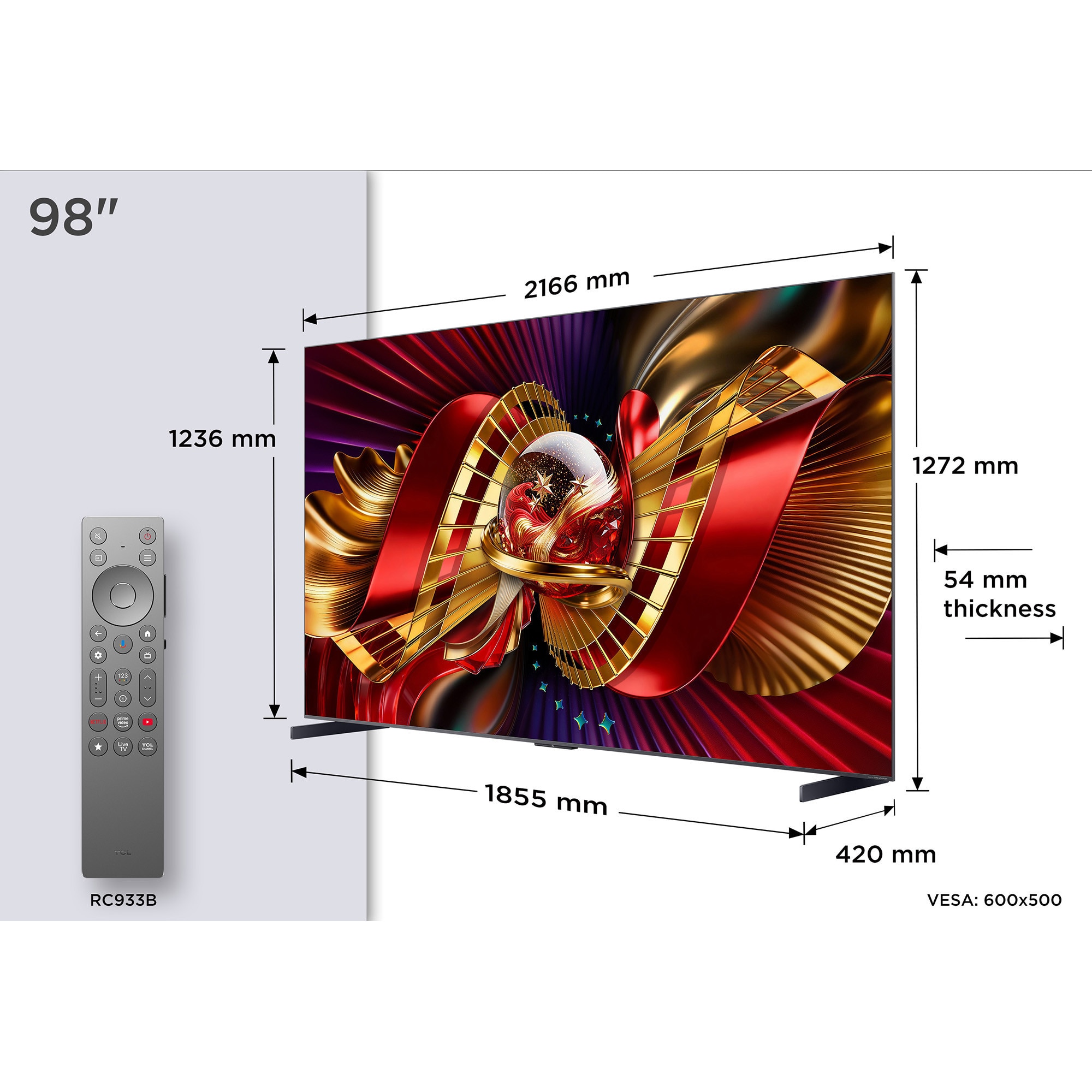 Televizor TCL SQD-MiniLed 98C8L, 248 cm, Smart Google TV, 4K Ultra HD, 144Hz, Sunet Bang & Olufsen, Clasa D (Model 2026)