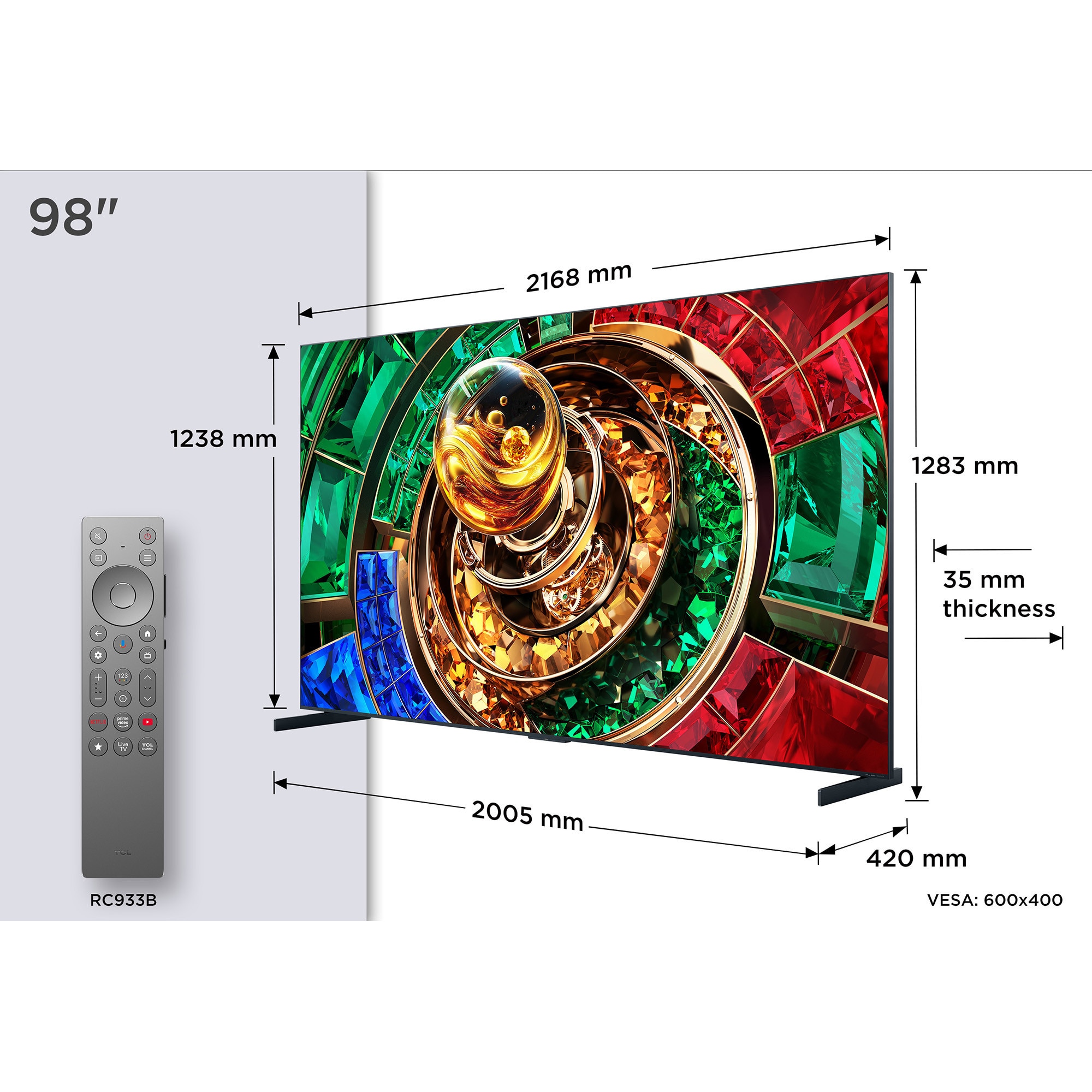 Televizor TCL RGB-MiniLed 98RM9L, 248 cm, Smart Google TV, 4K Ultra HD, 144Hz, Sunet Bang & Olufsen, Clasa F (Model 2026)