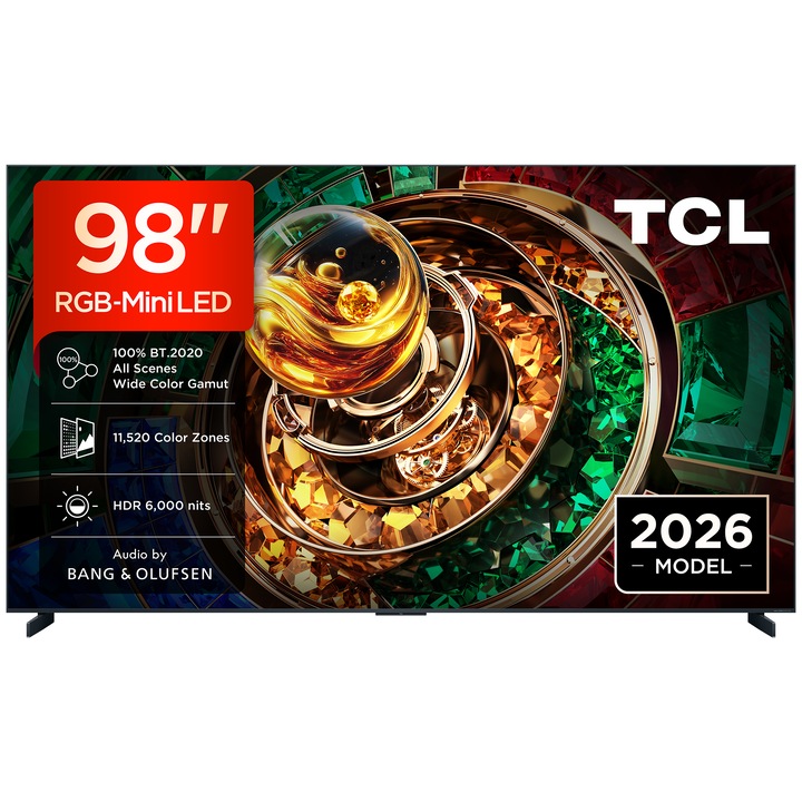 Televizor TCL RGB-MiniLed 98RM9L, 248 cm, Smart Google TV, 4K Ultra HD, 144Hz, Sunet Bang & Olufsen, Clasa D (Model 2026)