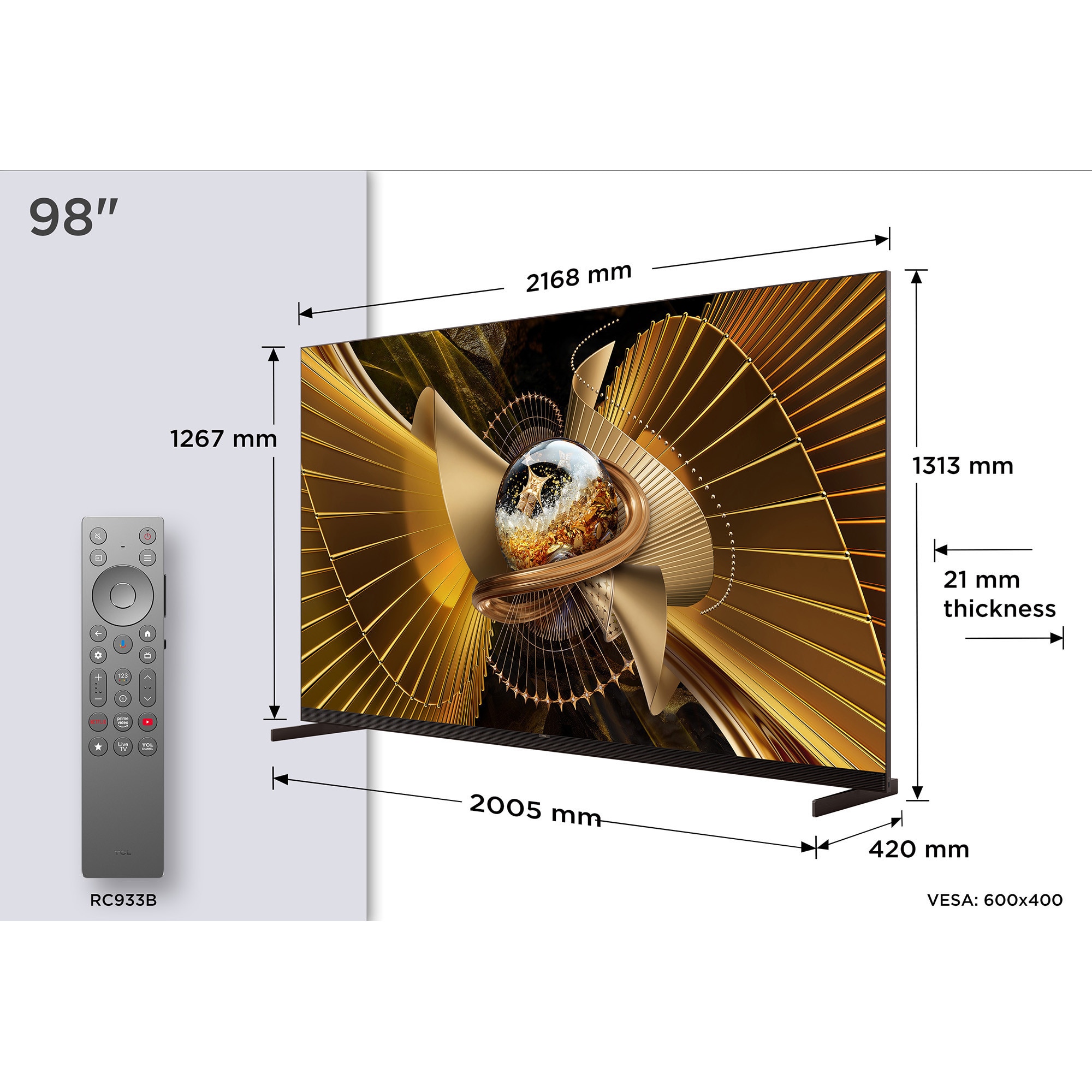 Televizor TCL SQD-MiniLed 98X11L, 248 cm, Smart Google TV, 4K Ultra HD, 144Hz, Sunet Bang & Olufsen, Clasa F (Model 2026)