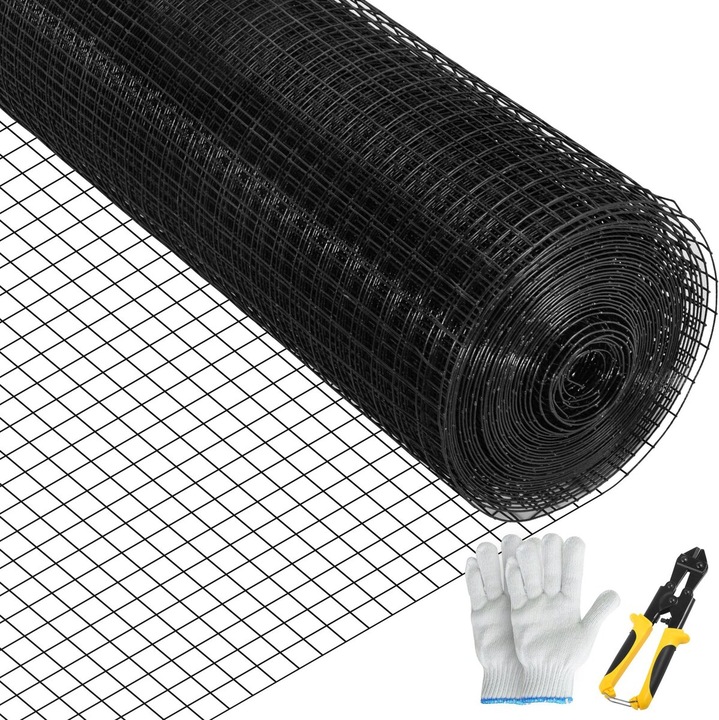 Plasa de sarma, VEVOR, 24"x50', 1"x1" mesh, otel galvanizat, acoperire vinil negru, set cu cleste de taiat si manusi de tesatura