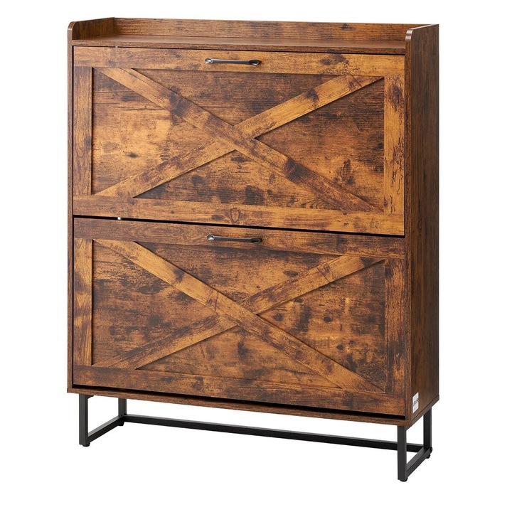 VEVOR cipősszekrény 2 lehajtható fiókkal, barna színű, mérete 80x24x97cm, maximális teherbírás 15kg