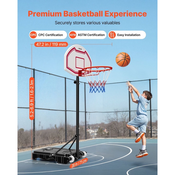 VEVOR hordozható kosárlabda állvány, állítható magasság 1,6-2,1 m, kerékszett, kosárlabda palánk 710x1260x2470mm, kültéri használatra