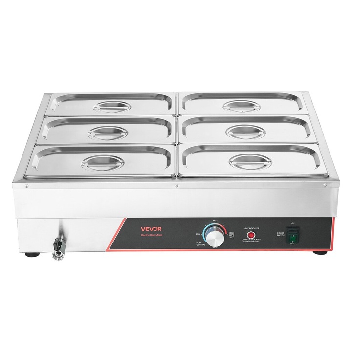 Търговски нагревател за храна, VEVOR, 1500W, 6 тави, неръждаема стомана, 690x570x220mm