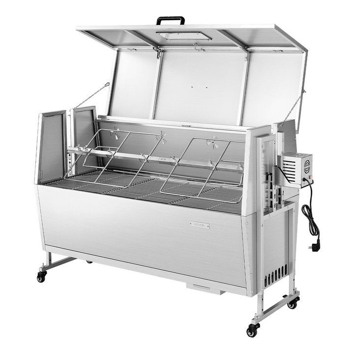 Gratar rotisor VEVOR, 38W, capacitate 60 kg, dimensiuni 1580x550x1040mm, inaltime ajustabila, mobilitate stabila