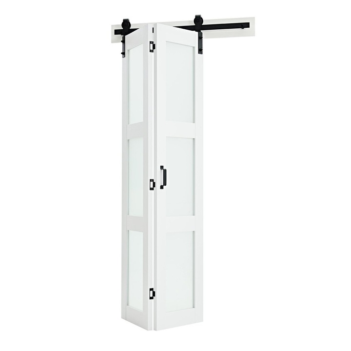 Usa bifold VEVOR, 914x2134mm, MDF cu sticla temperata, design economisitor de spatiu, alb, 2 panouri