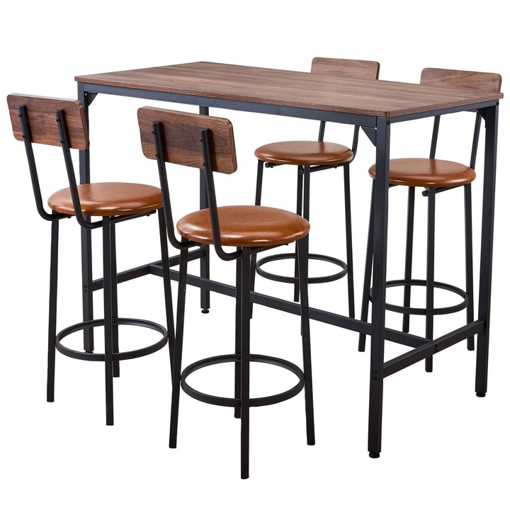 Set mese bar cu 1 masa si 4 scaune, VEVOR, design colturi rotunjite, culoare nuc, dimensiuni masa 120x60x91.5cm, dimensiuni scaun 35x41x92.5cm