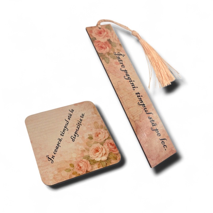 Set "Timpul"– Suport de cana din MDF lucios + Semn de carte cu mesaj, potrivit pentru cititori, cadou romantic sau marturie eleganta