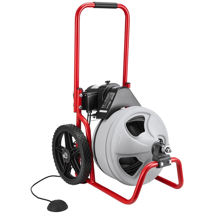 Masina de curatat canalizari VEVOR, 22m x 9.5mm, cu 6 taietoare, roti de 12 inch, pentru tevi de 50-100mm