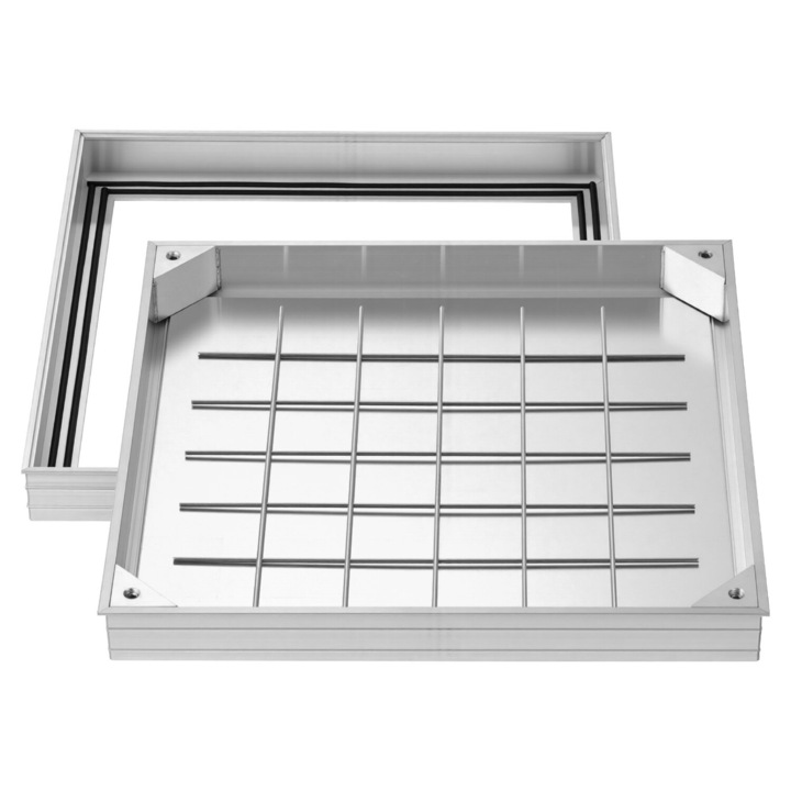 Csatornafedél kerettel, VEVOR, 500x500mm, alumínium, 482x482x50mm, 4.8kg, ezüst