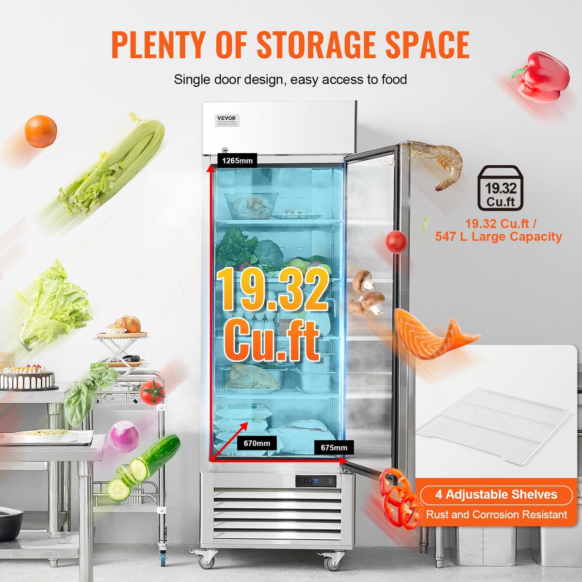 Frigider comercial VEVOR, 20.12 Cu.ft, cu 3 rafturi, inox, 28.7x33.4x83 inch