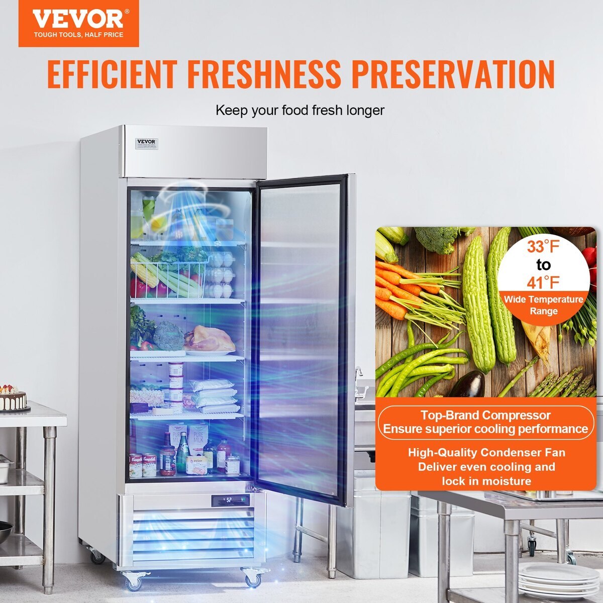 Frigider comercial VEVOR, 20.12 Cu.ft, cu 3 rafturi, inox, 28.7x33.4x83 inch