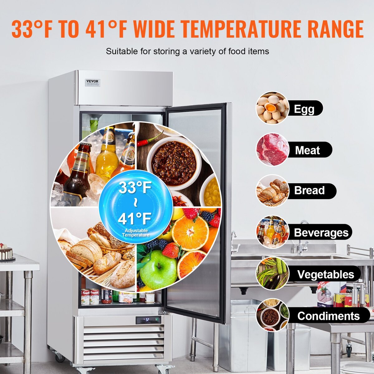 Frigider comercial VEVOR, 20.12 Cu.ft, cu 3 rafturi, inox, 28.7x33.4x83 inch