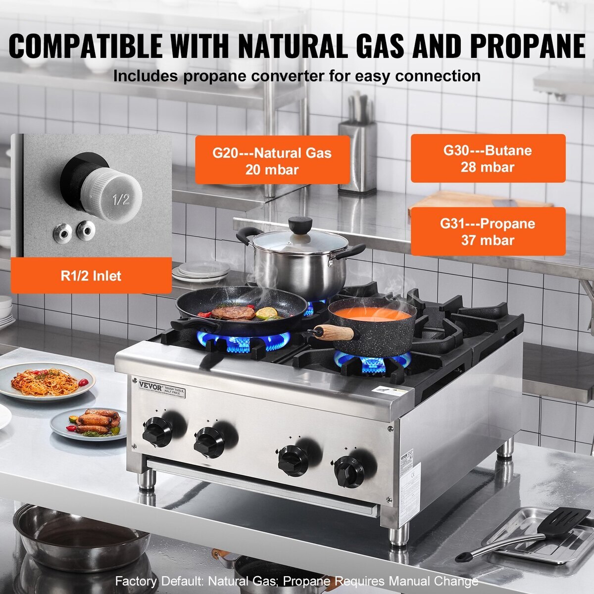 Aragaz comercial cu 4 arzatoare, VEVOR, din otel inoxidabil, compatibil cu gaz natural/propane, 610x775x335mm