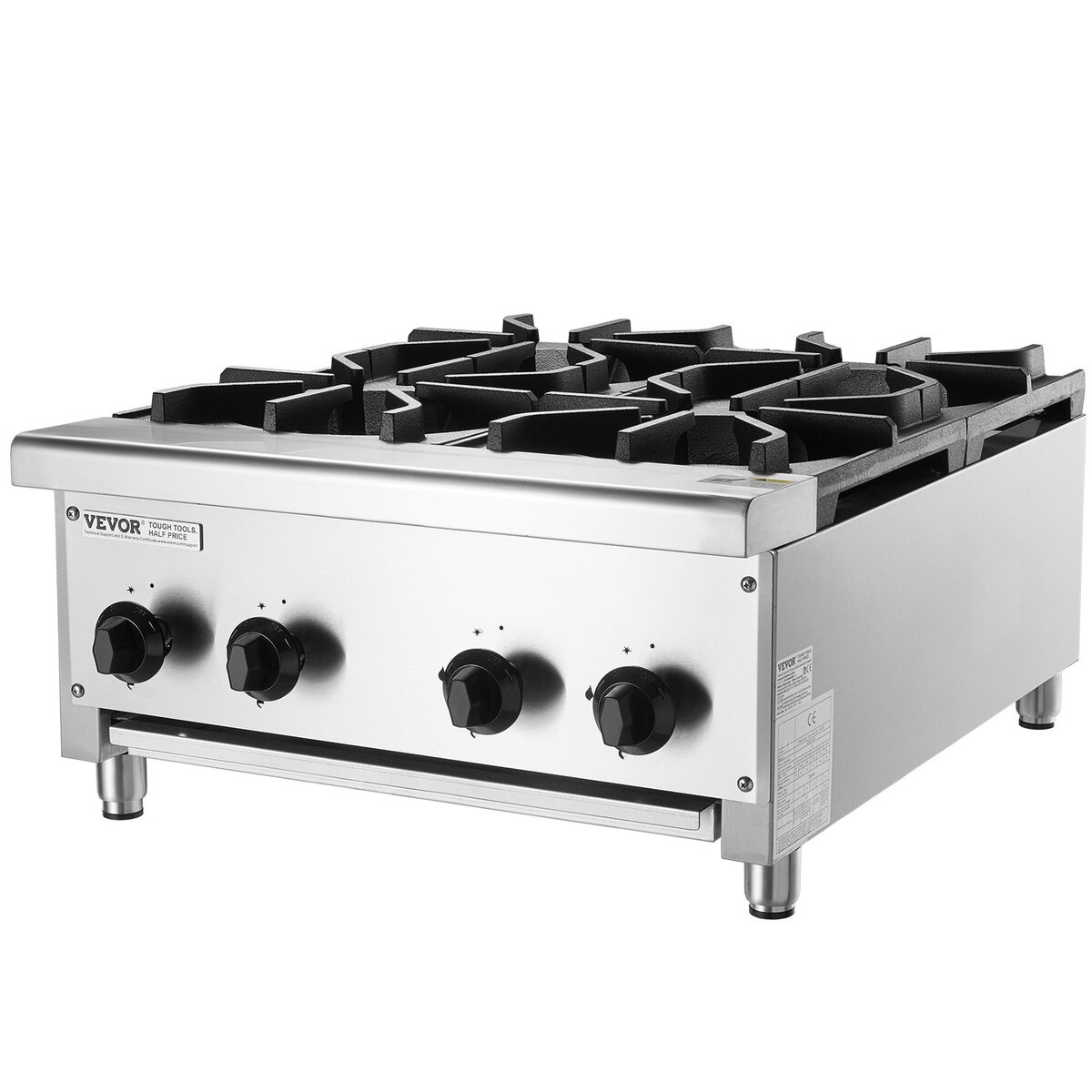 Aragaz comercial cu 4 arzatoare, VEVOR, din otel inoxidabil, compatibil cu gaz natural/propane, 610x775x335mm
