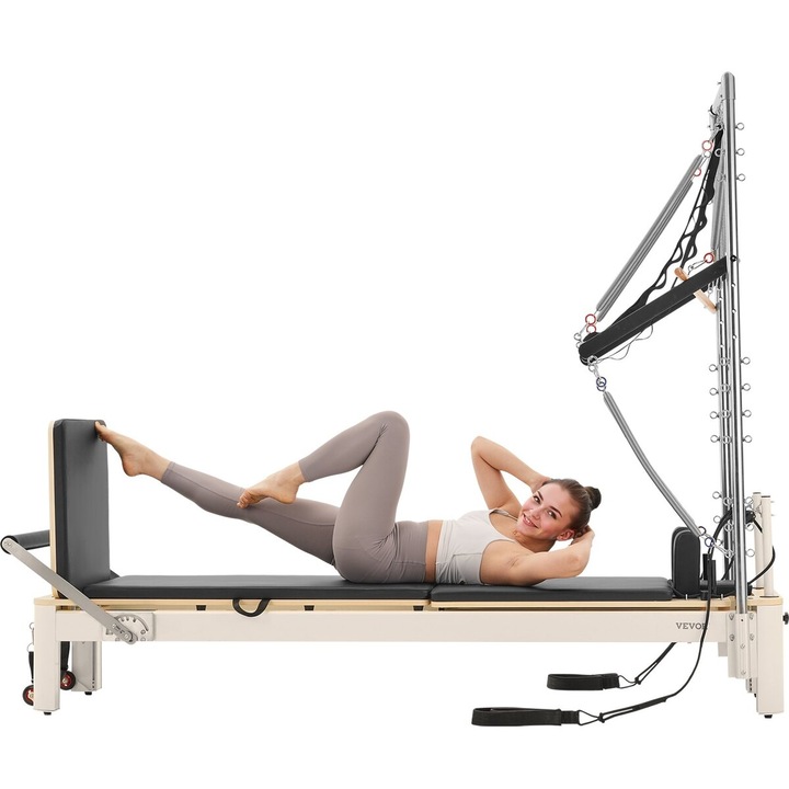 Aparat multifunctional Pilates Reformer VEVOR, cu rezistenta duala, 2450x760x2010mm, pana la 400 LBS