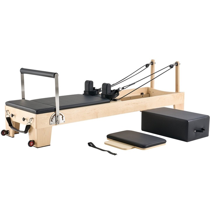 Aparat multifunctional Pilates VEVOR, reformer din lemn, set cu cutie de sezut, 94x29x36 inch, capacitate 400 LBS