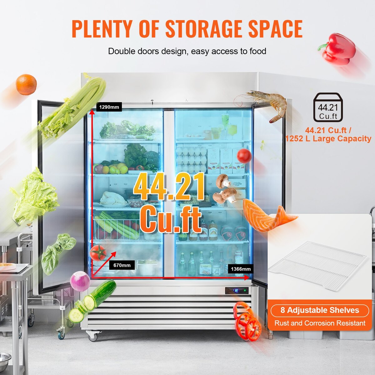 Frigider comercial VEVOR, 38.83 Cu.ft, 2 usi, 6 rafturi, 51.7x33.4x83 inch, inox