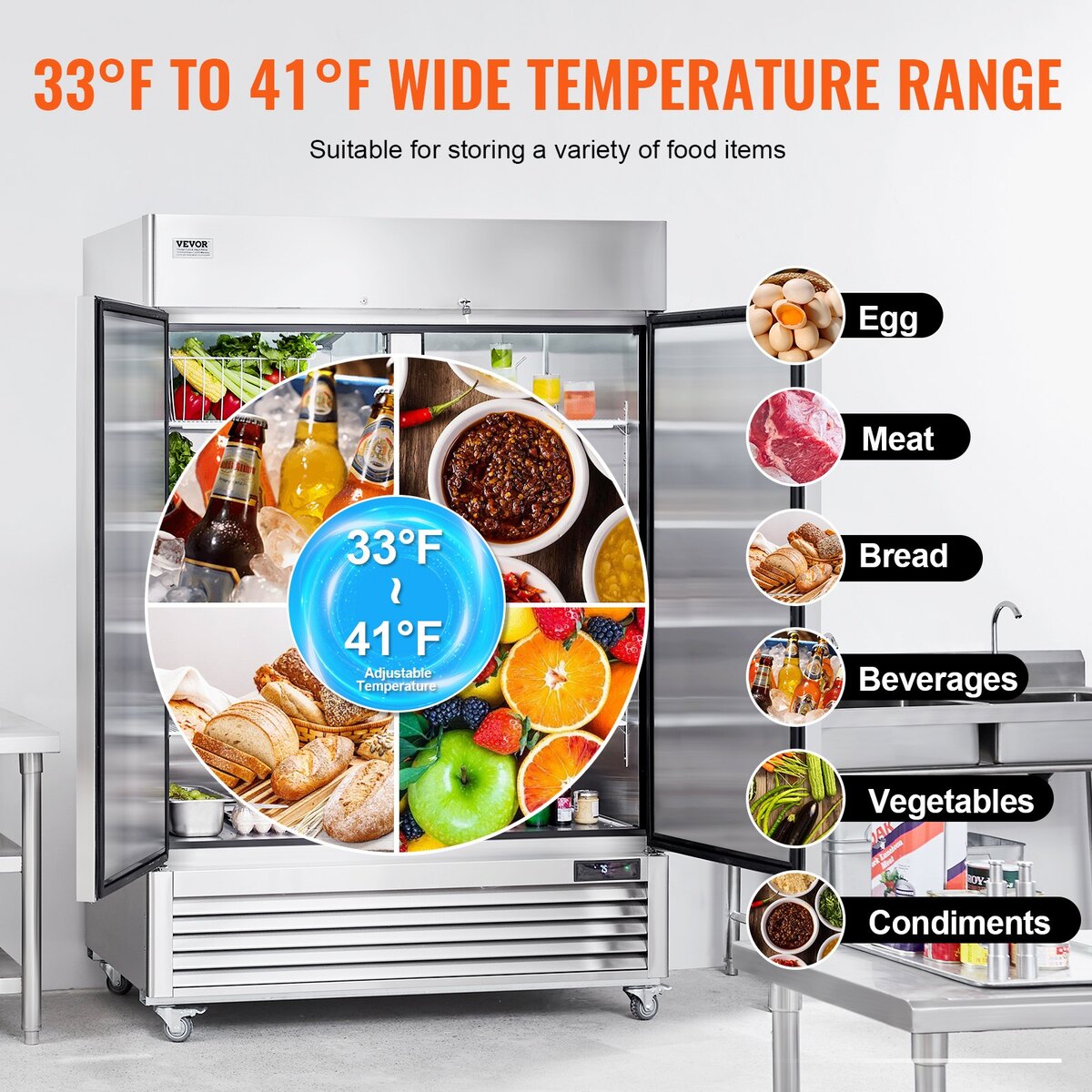 Frigider comercial VEVOR, 38.83 Cu.ft, 2 usi, 6 rafturi, 51.7x33.4x83 inch, inox