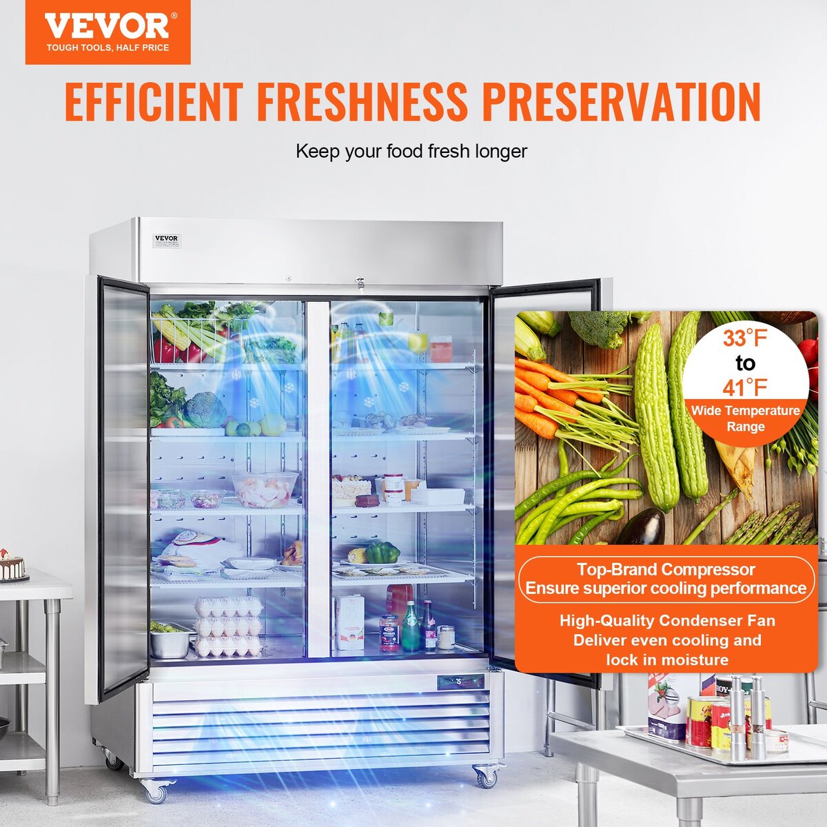 Frigider comercial VEVOR, 38.83 Cu.ft, 2 usi, 6 rafturi, 51.7x33.4x83 inch, inox