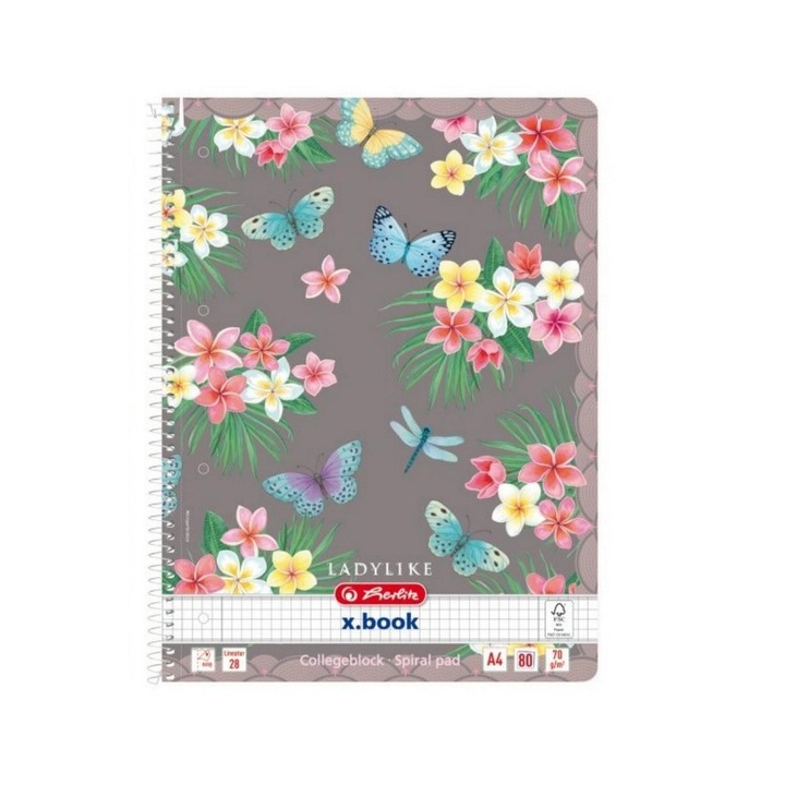 Caiet A4 80 file cu spirala, matematica, Herlitz Lady Like - motiv Butterflies