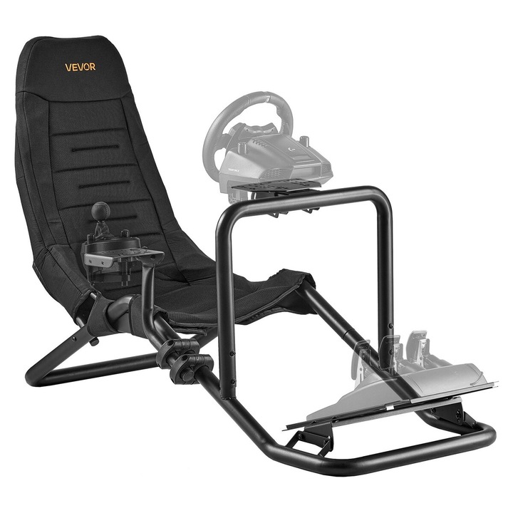 Suport volan de curse VEVOR, cockpit simulator integrat, otel carbon, negru, dimensiuni 61.42x28.15x39.76 in, capacitate maxima 180 kg
