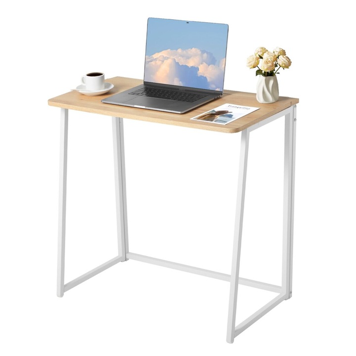 Birou pliabil VEVOR, 80 cm, design compact, structura stabila, culoare lemn + cadru alb