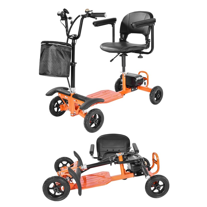 Scooter electric de mobilitate pliabil cu 4 roti, VEVOR, capacitate maxima 120kg, culoare portocalie, dimensiuni 1072x600x980mm