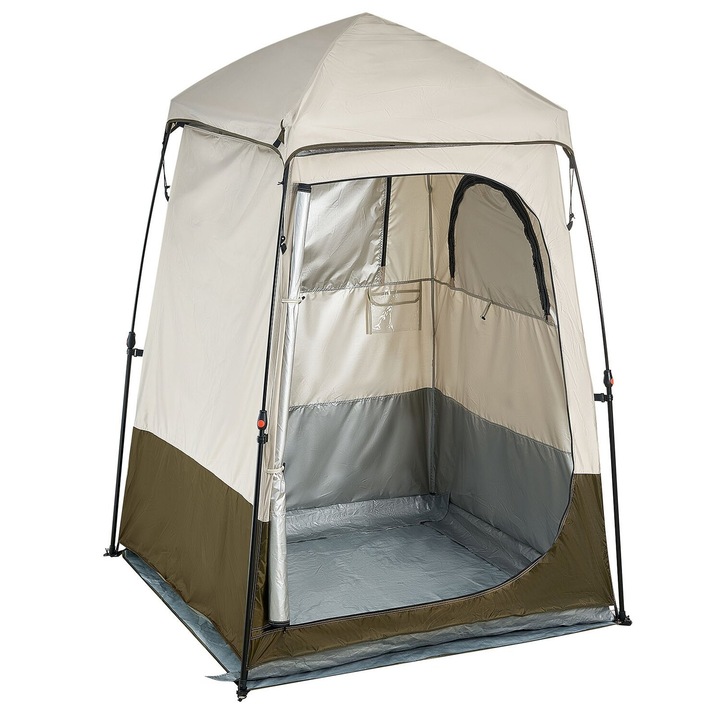 Cort de dus pentru camping, VEVOR, 1 camera, impermeabil, protectie solara UPF 50, culoare khaki, dimensiuni 145x145x215cm