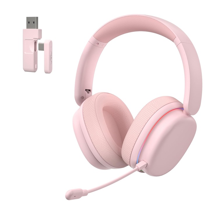 Casti gaming AULA G7 Pro wireless, sunet surround 7.1, roz, BT5.3