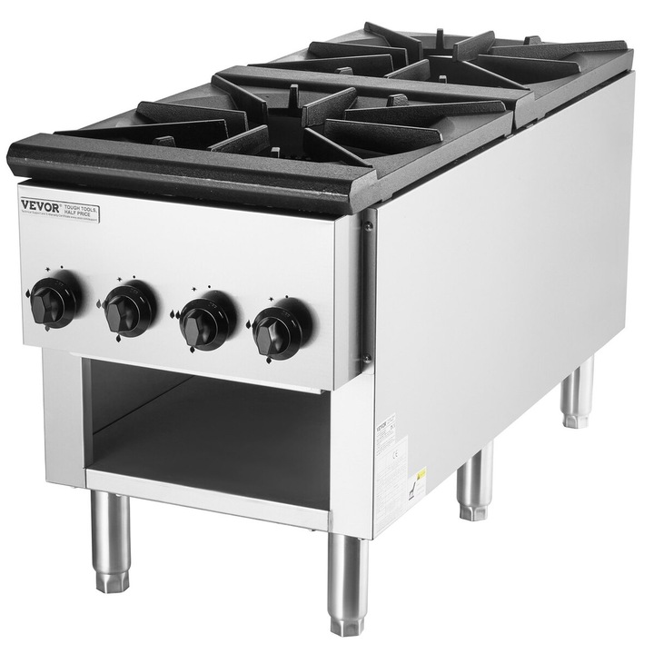 Aragaz comercial cu 2 arzatoare, VEVOR, din otel inoxidabil, compatibila cu gaz natural/propane, 460x1170x610mm