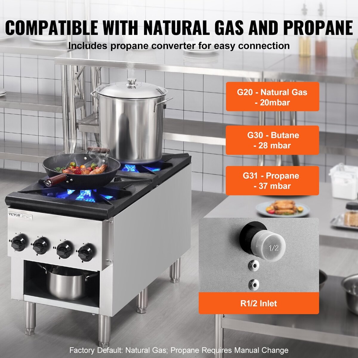 Aragaz comercial cu 2 arzatoare, VEVOR, din otel inoxidabil, compatibila cu gaz natural/propane, 460x1170x610mm