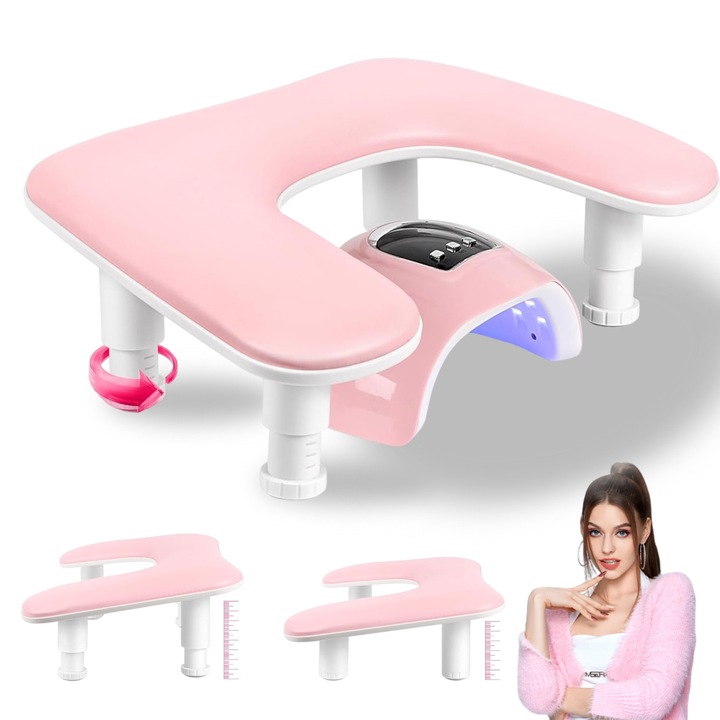 Suport de maini pentru manichiura, Bedee, design ergonomic in U, Reglare a inaltimii pe 3 niveluri, suport frontal 80-105 mm, suport posterior 125-150 mm, detasabil, usor de asamblat, perna antiderapanta incorporata, 43, 5 * 28 * 15 cm, Roz