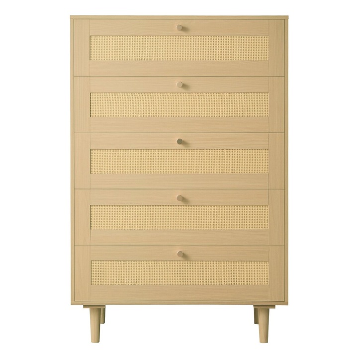 Comoda cu 5 sertare din ratan, VEVOR, capacitate mare, lemn natural, 70.2x40x106.5cm