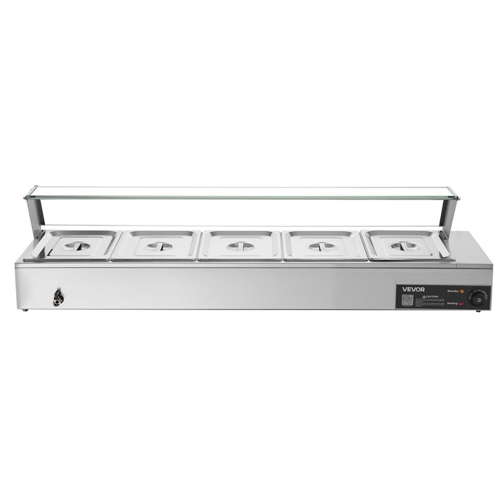Kereskedelmi ételmelegítő, VEVOR, 1500W, rozsdamentes acél, 5 db 1/2-es edény, 1450x365x335mm
