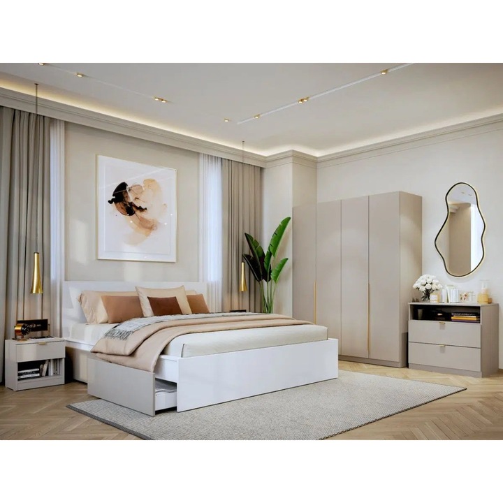 Set Dormitor Auris, Bej/Casmir, C07, Pat 160x200, 2 Noptiere, Comoda si Dulap 1.64m cu Soft close