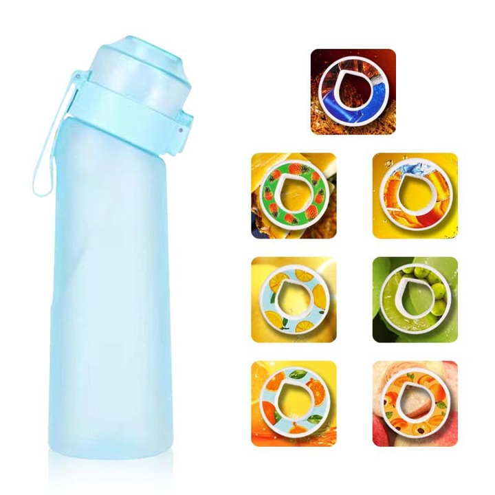 Sticle cu apa aromatizata, design fructe, rezistente la temperaturi ridicate, culoare albastru inghetat