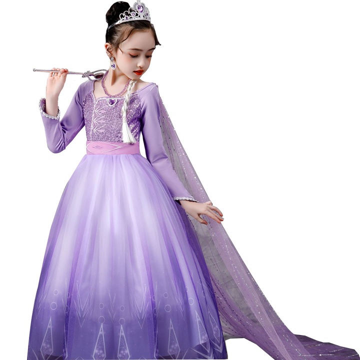 Rochie de printesa Elsa Frozen, fusta din tul cu capa, violet, 140cm