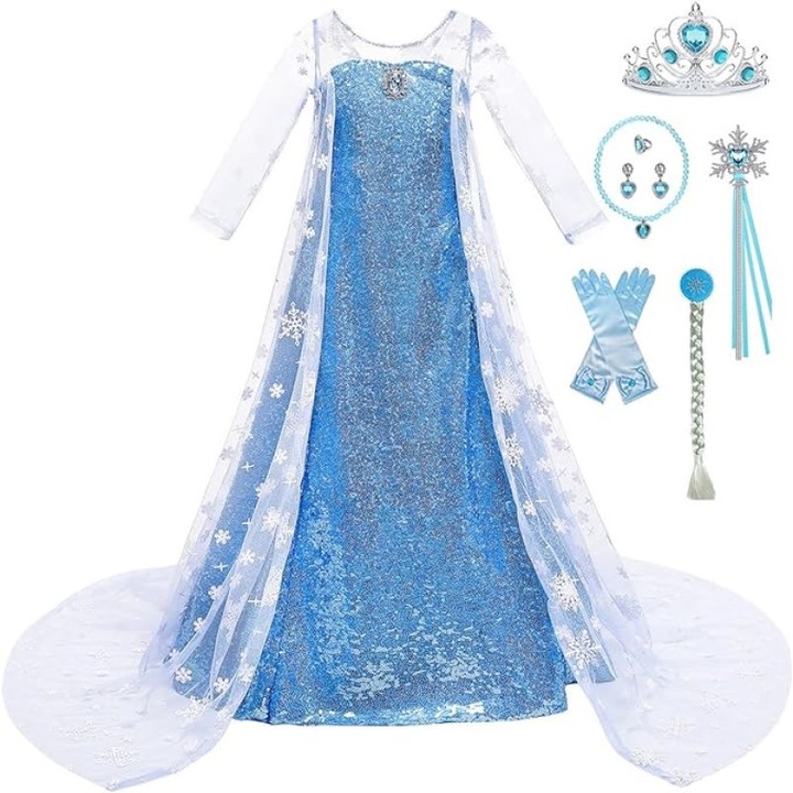 Rochie Elsa Printesa, Frozen 2, cu maneci lungi, alba, 150cm