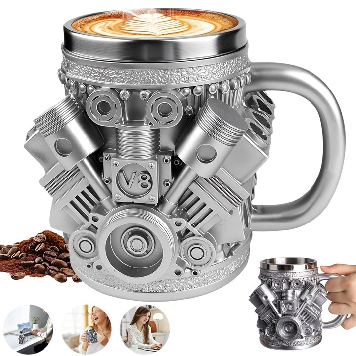 Juksun rozsdamentes acél bögre, V8 motor, ezüst, 12.5x16cm, 200ml