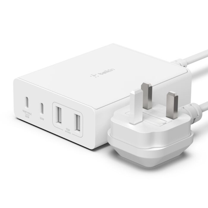 Incarcator desktop Belkin BOOST CHARGE™ 108W cu 4 porturi USB GaN (Dual C și Dual A), cu cablu de alimentare de 2 m, Negru