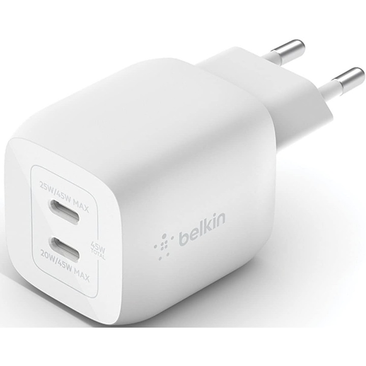 Incarcator retea Belkin BOOST CHARGE™ 45W USB-C GaN PD PPS dual, Alb