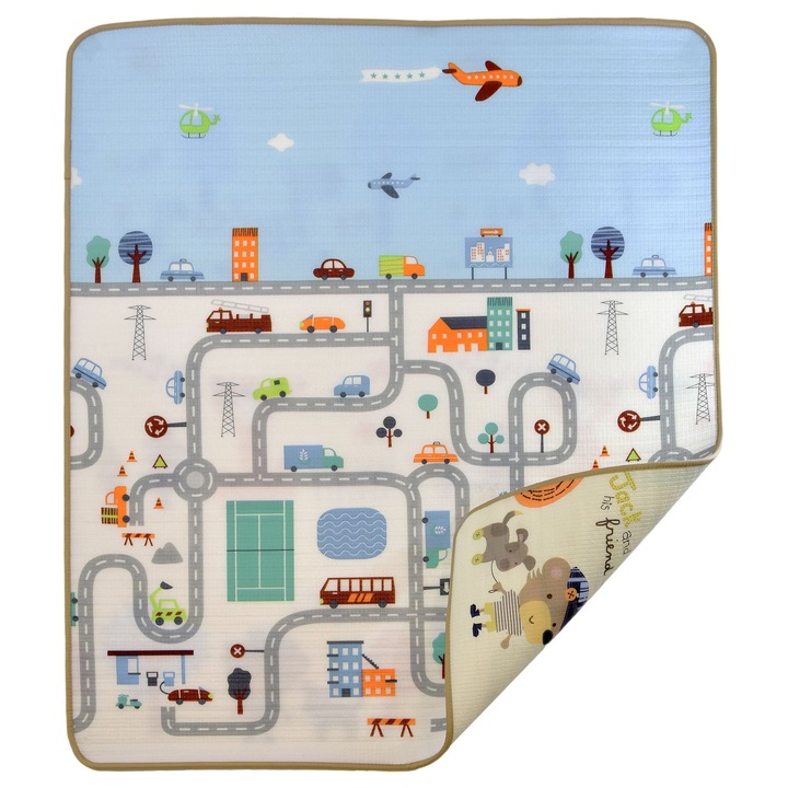 Humbi Covoras educativ din spuma, reversibil, cu tema „Stradute si animale”, 120 x 180 x 1 cm, culori pastelate