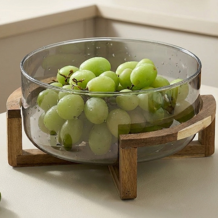 Bol de servire, Destello® pentru alimente, salata, si fructe, Sticla Gri Fumurie Transparenta si Suport din Bambus, 27 x 12.5 cm