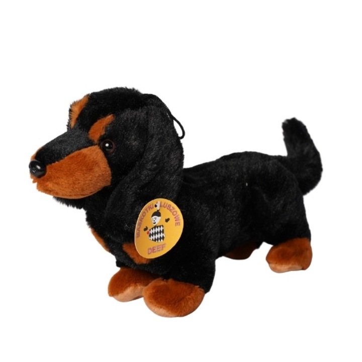 Jucarie de plus Caine Teckel (Soricar), 26 cm, Deef, mascota moale si catifelata, design realist, maro-negru, ideal cadou copii, colectia animale