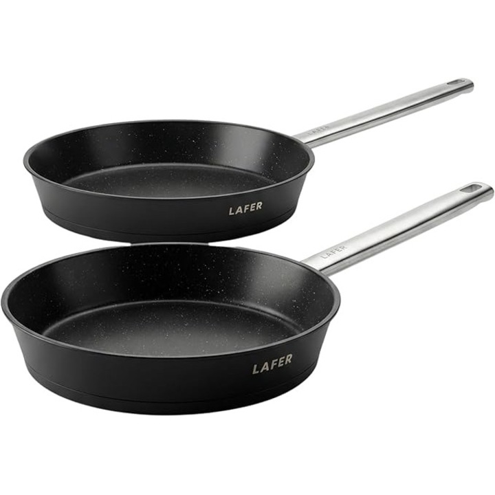 Set de tigai Lafer Johann, 2 piese, 24 si 28 cm, otel inoxidabil 18/10, strat antiaderent, fara PFAS, rezistente la zgarieturi, baza tip capsula pentru economisire energie, potrivite pentru toate tipurile de plite, inclusiv inductie, sigure pentru cuptor